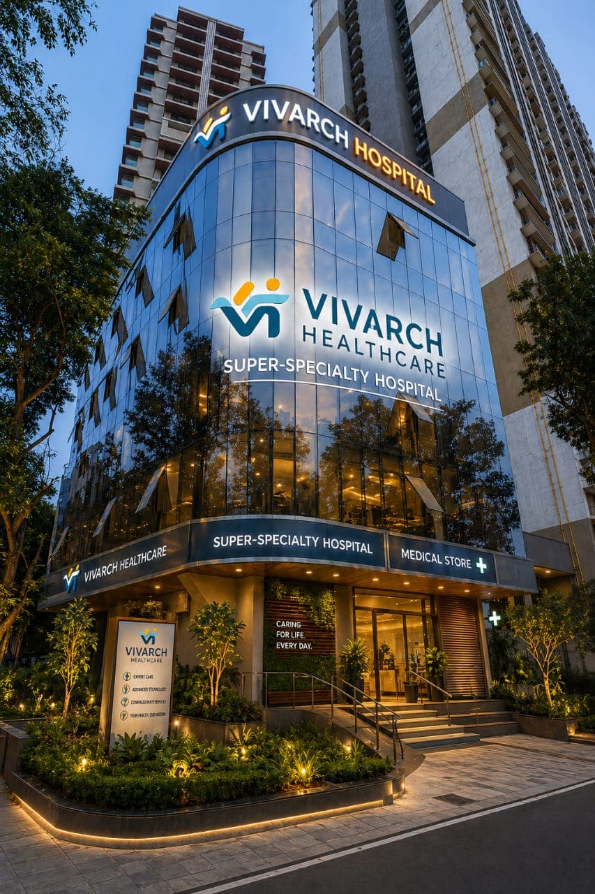 Vivarch Hospital, Borivali — building exterior at dusk